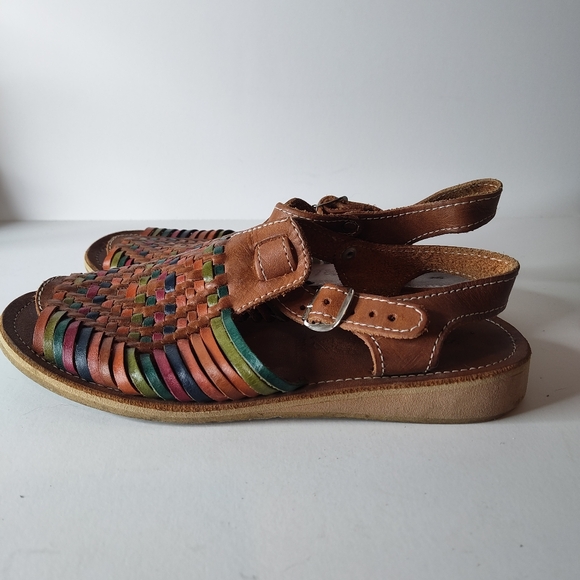 Vintage Mexican Leather Huarache Sandals – Multicolor Woven Flats - Picture 4 of 6
